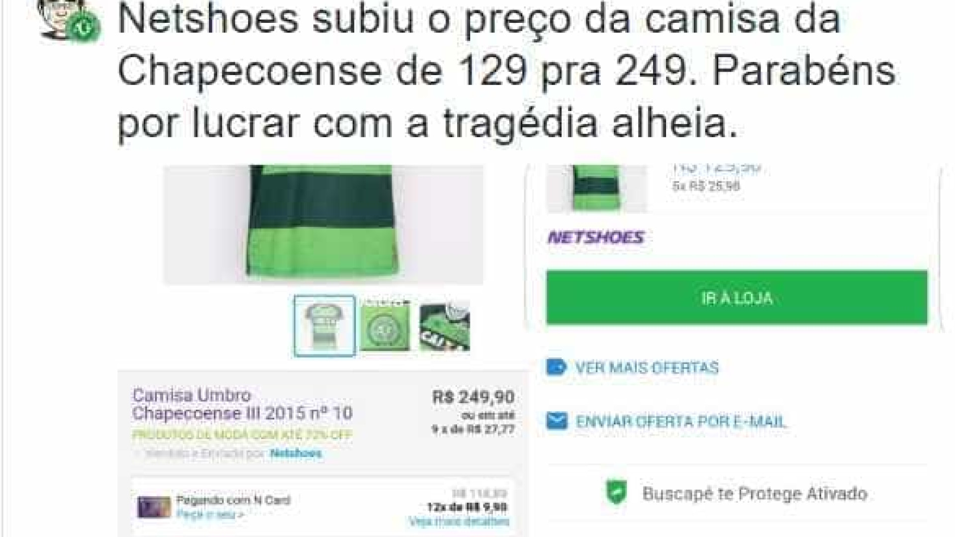Netshoes "aumenta" preço de camisa da Chape e revolta internautas