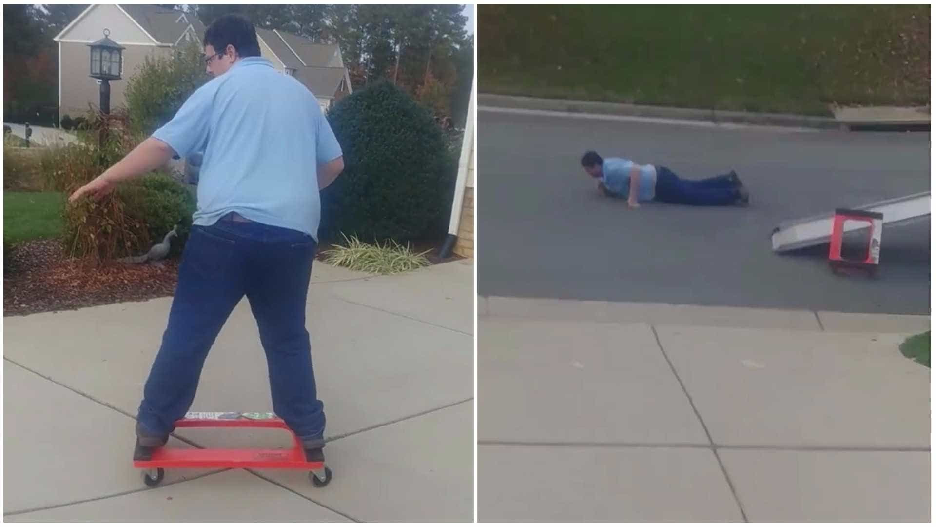 Homem improvisa skate e acaba sofrendo queda épica