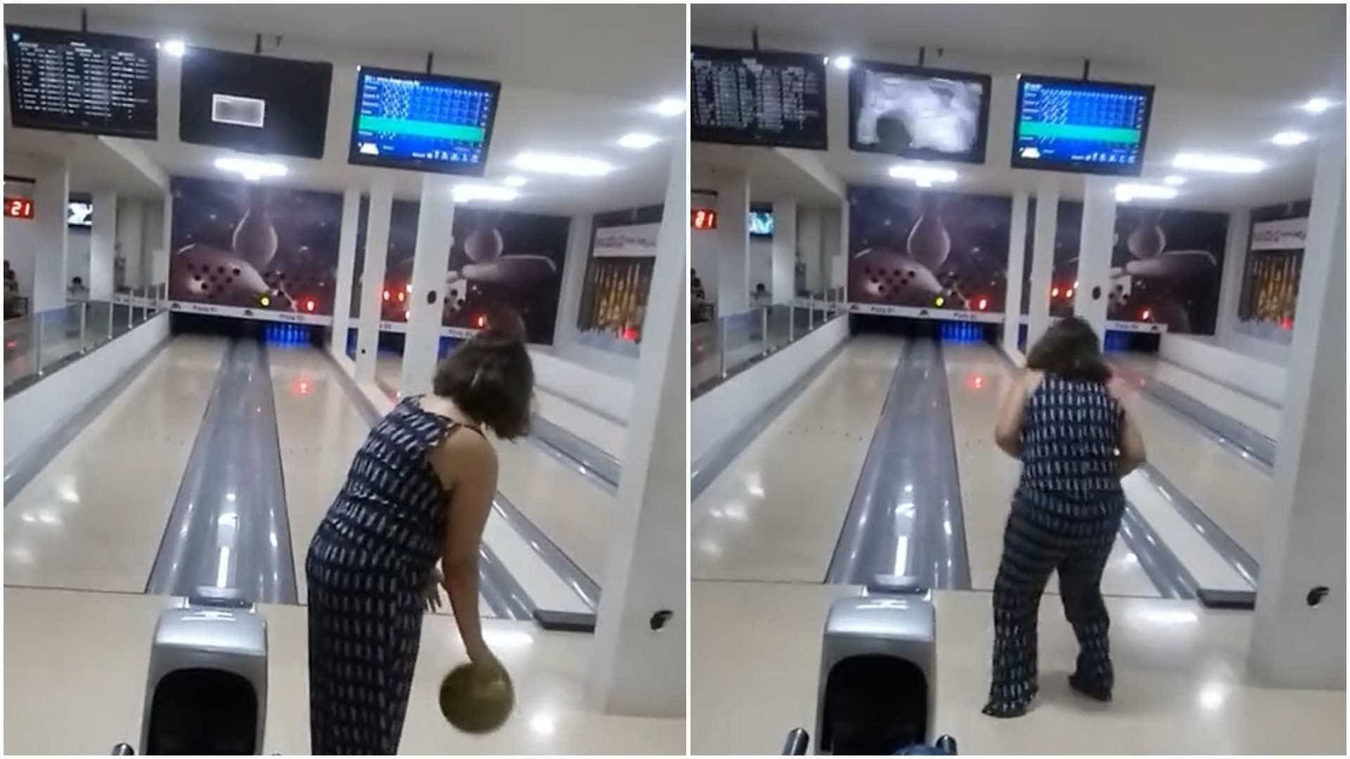 Mulher destrói televisão jogando boliche; assista
